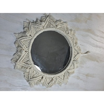 Boho Macrame Wall Mirror Ivory Cotton Rope Sunburst Round Cottagecore 14 Inch