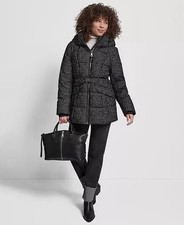 DKNY Women's Belted Hooded Puffer Coat Herringbon Size: M NWT