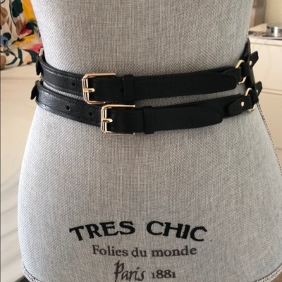 Double Buckle Black Leather Waist Belt with Gold Hardware Black Double Buckle Wide Belt | Haute Cuir | Wolf & Badger main image 3