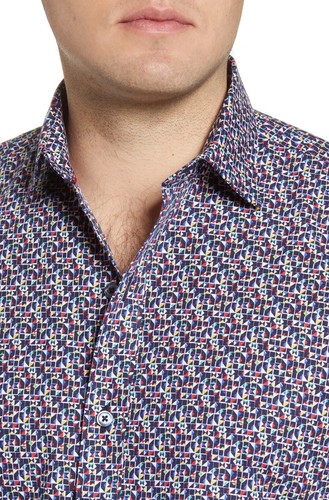 CAMICIA SPORTIVA BUGATCHI NUOVA CON ETICHETTE $179 STAMPA ASTRATTA L/S VESTIBILITÀ CLASSICA MULTI COTONE. TG L - Foto 4 di 9