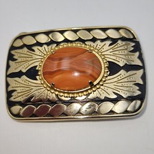 Belt Buckle Jasper Stone Metal Black Golden 3 Inches Wide