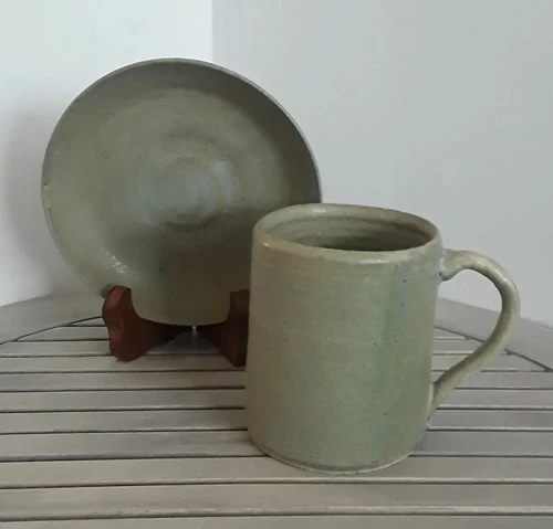 Art Studio Hand Thrown Pottery Mug 14 oz & Bowl 6 1/8" Set Green Blue Rustic