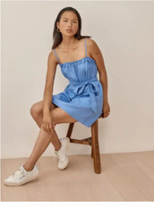 Reformation Ama Spaghetti-Strap Linen Mini Dress in Parisian Blue US Size M