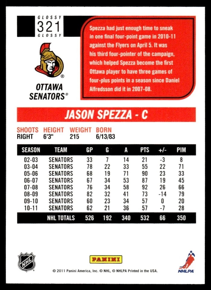 2011-12 SCORE GLOSSY Jason Spezza Ottawa #321 - Image 2 of 2