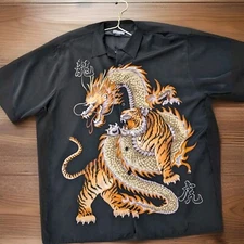 Vtg Y2K Million Guy Black Button Down Club Mens Shirt Gold Dragon Tiger Tatoo XL