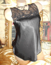 S Glossy Black Satin Cami Shell Top Lace Upper