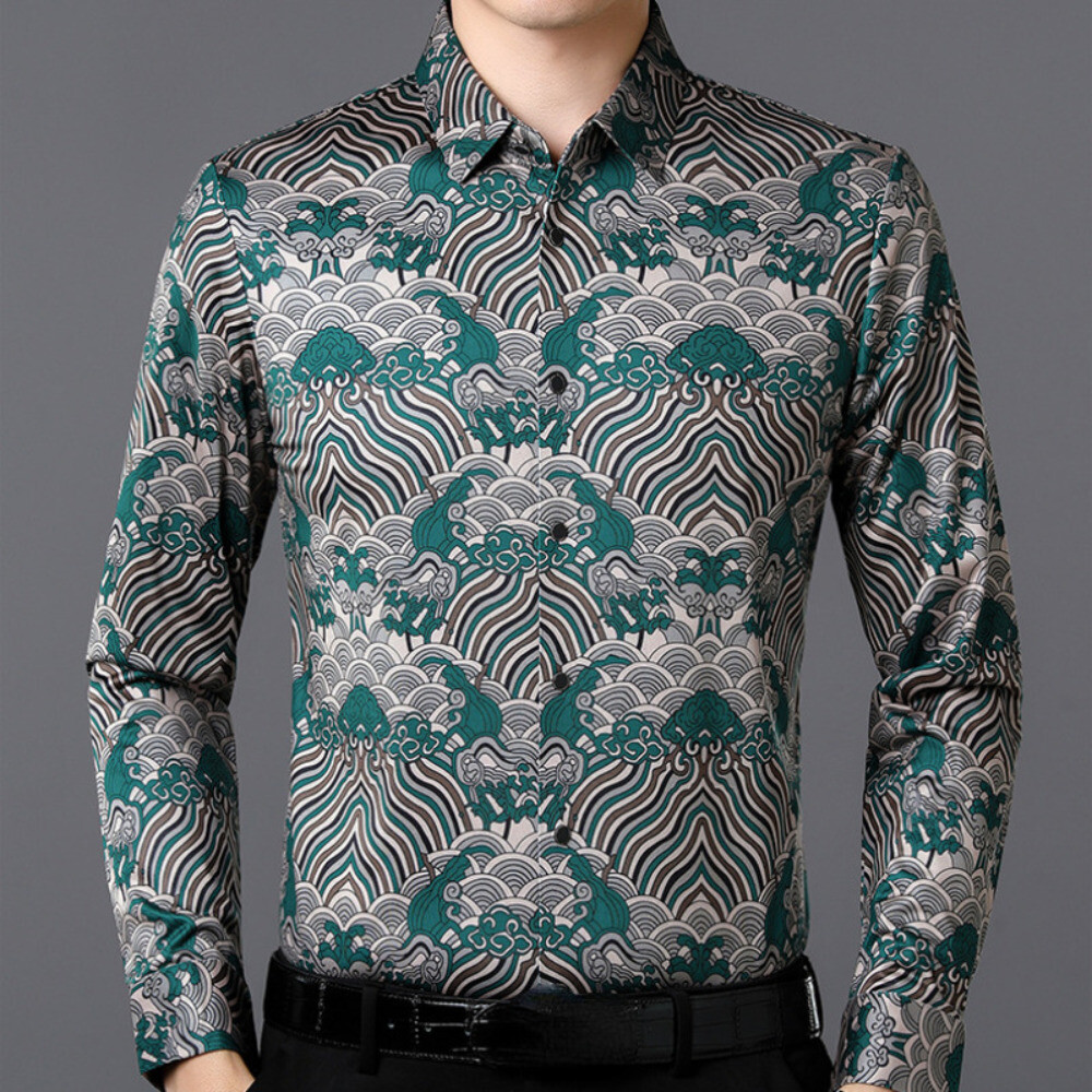 MUZE CLASSICO REBORN SHIRT ペイズリー Abstract Print Revere Collar Shirt(M X88：OLIVE MINT