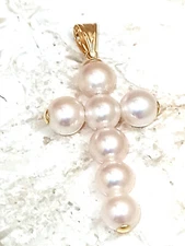 Unique Christian Cross gift for her Pearl Cross AAA grad Solid 18k GOld tip HMDE