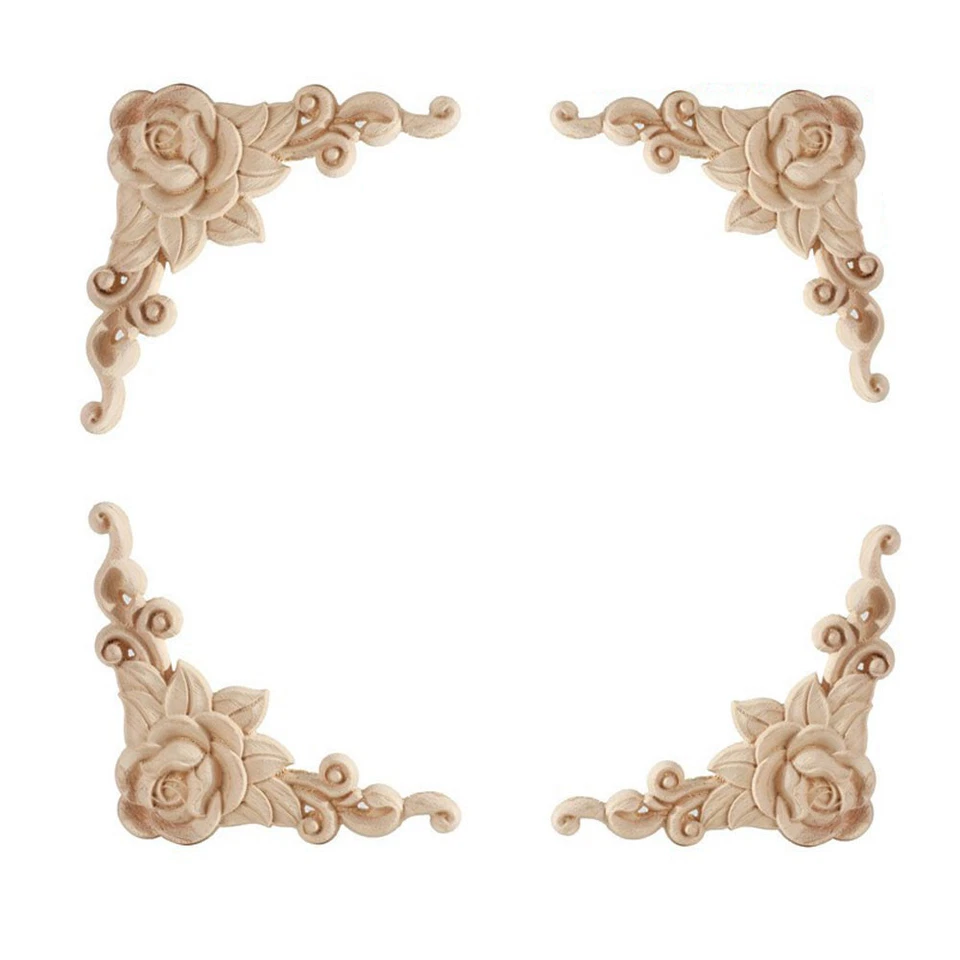 Apliques de esquina tallados en madera 4 piezas muebles puerta gabinete decoración sin pintar Foto 2 de 4