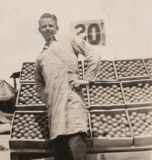 1930s Man Fruit Stand Crates Oranges Apron Pose 20 Cent Sign