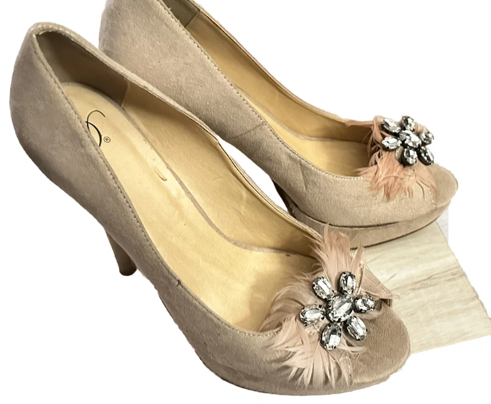 Delicioso salto plataforma camurça marrom biqueira aberta arco joias salto pluma tamanho 10 - Imagem 4 de 4