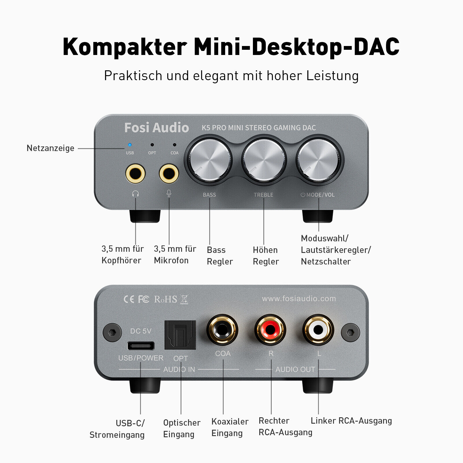 Fosi Audio K5 PRO Kopfhörer Verstärker Gaming DAC Digital zu Analog Converter