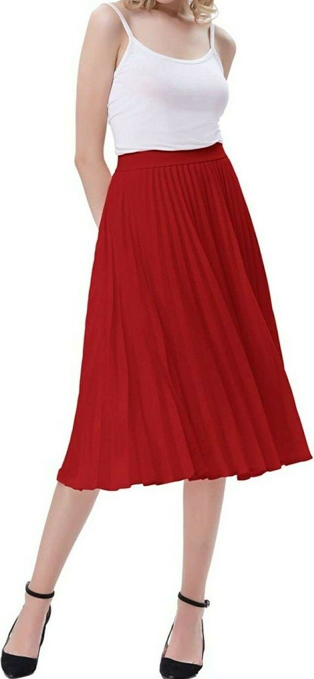 Kate Kasin Women's High Waist Pleated A-Line Swing Skirt Red M | eBay