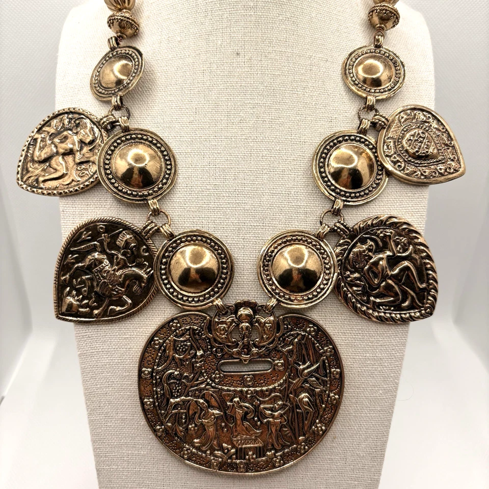 Amy Kahn Russell AKR Egyptian Queen Ethnic Bronze Charm Statement Necklace 19" - Image 2 of 4