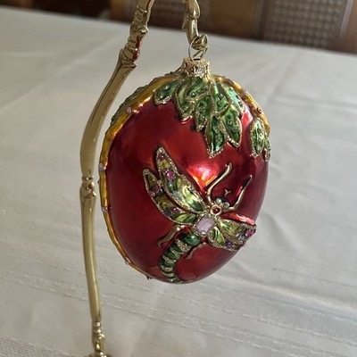 Stunning Hand Blown Ornate Red Dragonfly Egg Easter /Christmas Ornament Beautifu