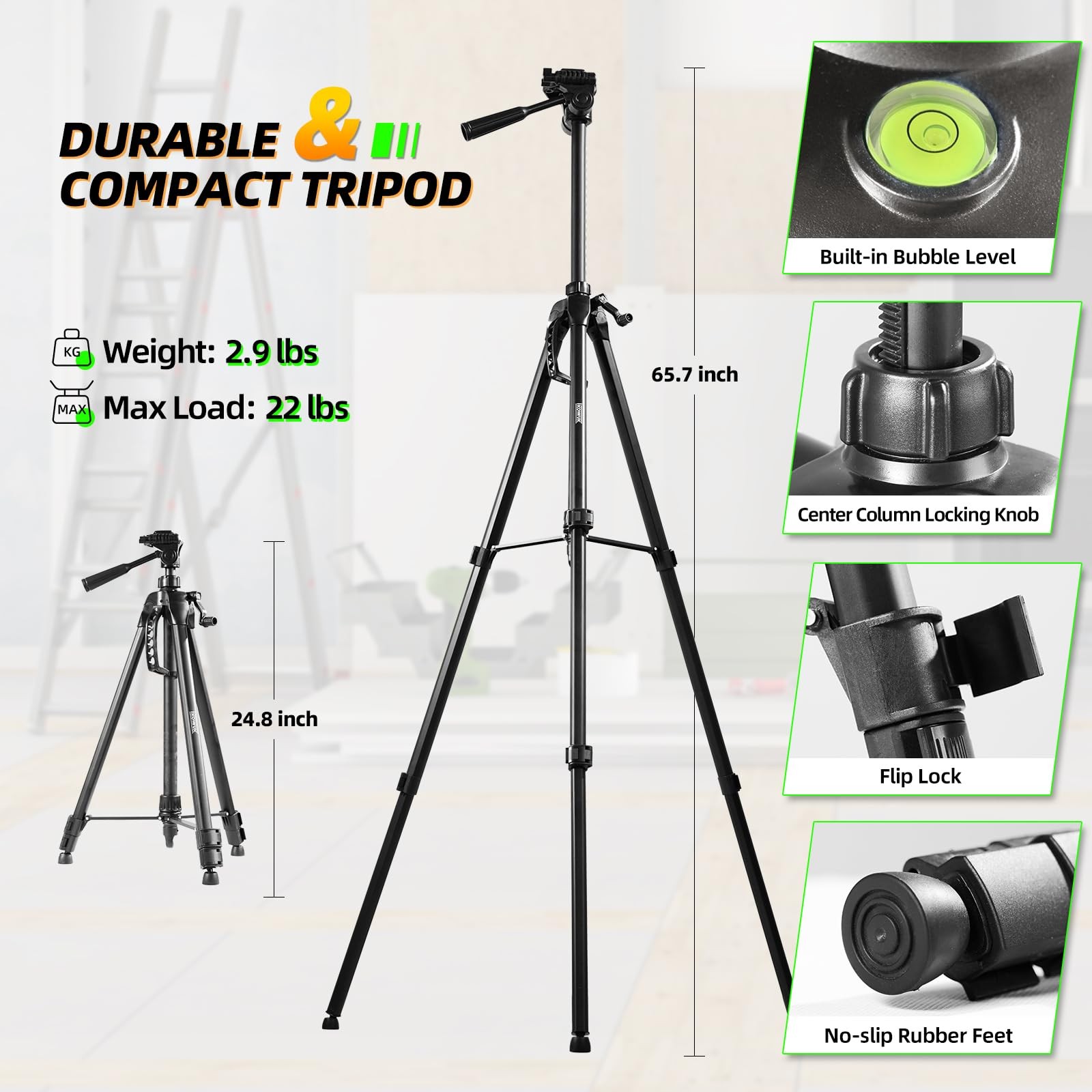 Laser Level with Tripod, Laser Level 3x360° Self Leveling 12 Green Line, Rech...