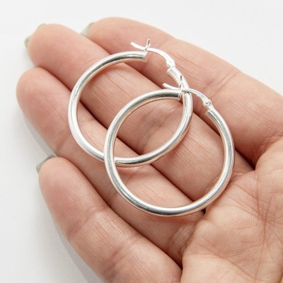 3mm x 35mm Polished Round Plain Hoop Earrings Solid 925 Sterling Silver