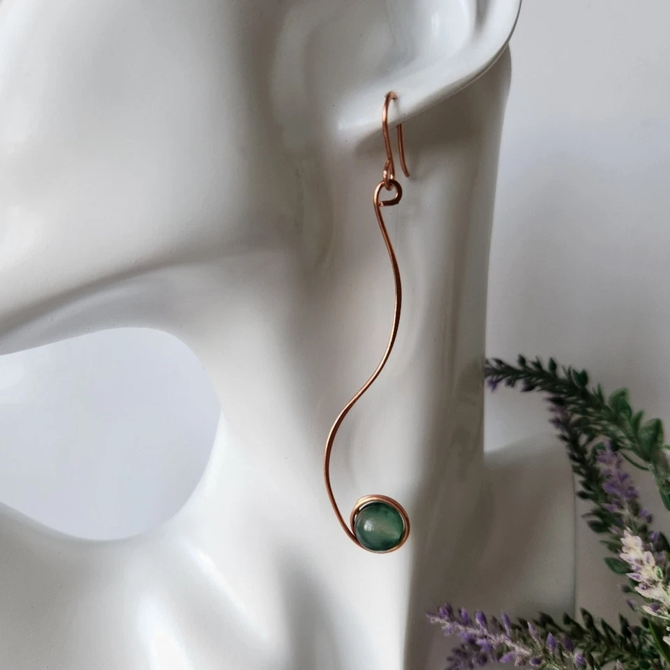 Handmade Copper Wire Wrapped Natural Green Jade Earrings - Elegant, Minimalist - Image 4 of 4