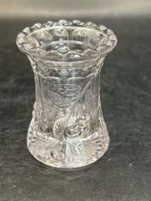 Vintage Clear Glass Toothpick Holder Cherries Blossom Pattern - Glows Under 365