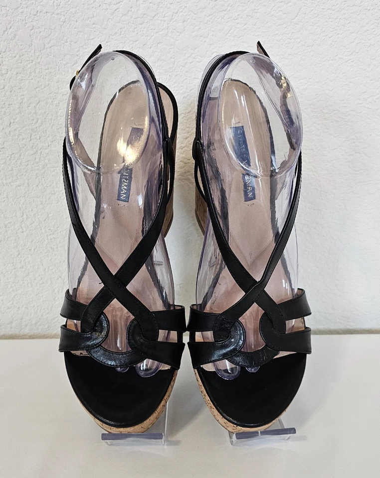 Sandalia Stuart Weitzman Cressa Cuero Negro Corcho Cuña Plataforma Tacones de Verano 9 Foto 2 de 4