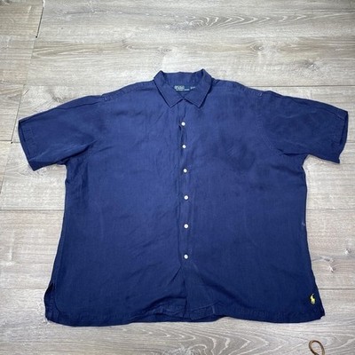 Polo Ralph Lauren Shirt Mens 2XL Navy Blue Linen Short Sleeve Button Down Casual