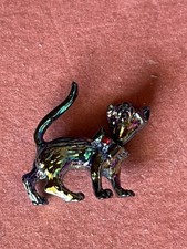 Blue Iridescent Cat Pin Brooch Head Moves Red Stones In Eyes And Collar
