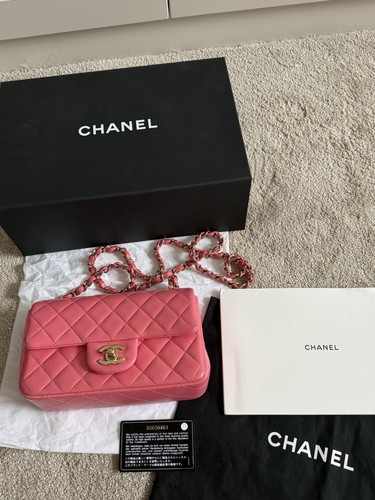 Used CHANEL Mini Pink Rectangular Flap Bag With Authenticity Card, Box & Dustbag