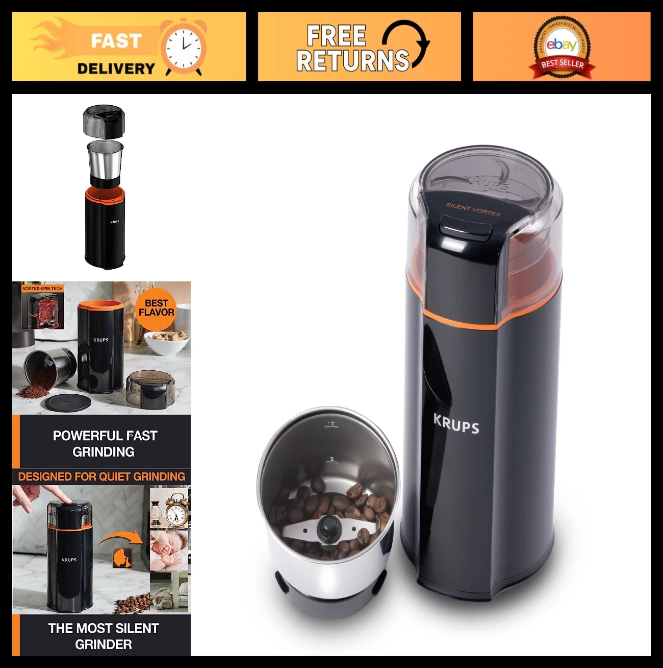 Electric Coffee Grinder 3oz Capacity, 5x Quieter, 175W for Beans, Spices & Herbs