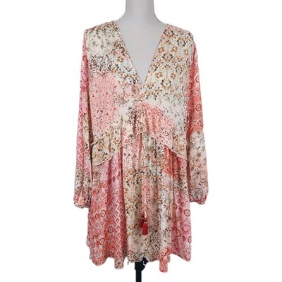 Zara Blumen Abstrakt Print Boho Tunika Kleid Gr. M Rosa Rüschen Gesmokt Festival