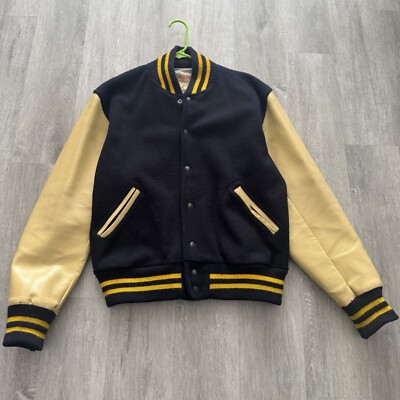 Vintage 50 s Doe-Lon Sand Knit Button Up Varsity Bomber Jacket Size 42 Black