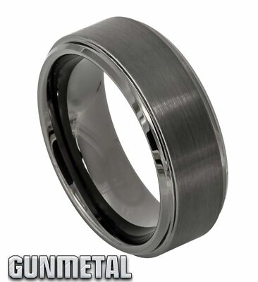 8MM Men Gun Metal Tungsten Carbide StepEdge Brushed Center Wedding - Main Image