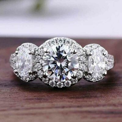 1.53Ct Center Round Moissanite & Oval Diamond Halo Engagement Ring 14k Gold Over