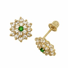 Emerald Birthstone CZ Baby Girl Flower Stud Earrings Screw Back 14K Yellow Gold