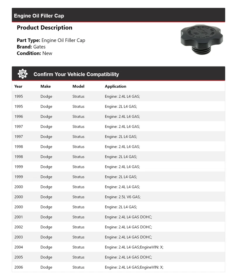 Puertas tapa llenado aceite motor Dodge Stratus 1995-2006 1996 1997 1998 1999 2000 Foto 2 de 4