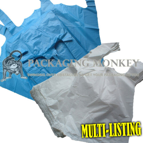PLASTIC VEST CARRIER BAGS BLUE OR WHITE *ALL SIZES* - SUPERMARKETS STALLS SHOPS - Picture 1 of 4