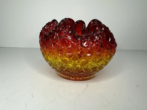Fenton? LE Smith? Crimped Amberina Rose Bowl Vase / Diamond & Button
