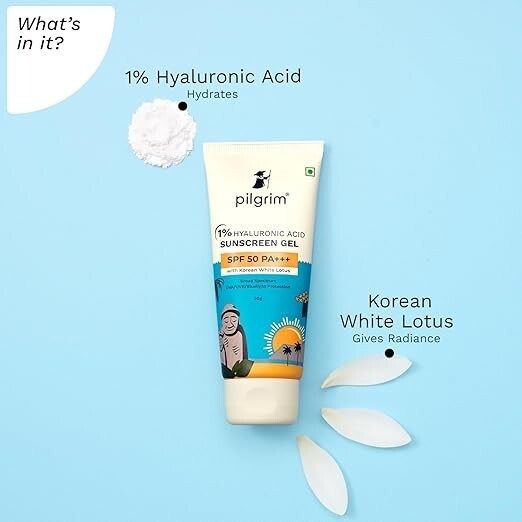 Pilgrim 1% Hyaluronic Acid Sunscreen Gel | Korean White Lotus | 50 gm Non-greasy