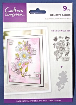 Crafters Companion Delicate Daisies Acrylic Stamps w/Mask Floral 9 Set Free Ship