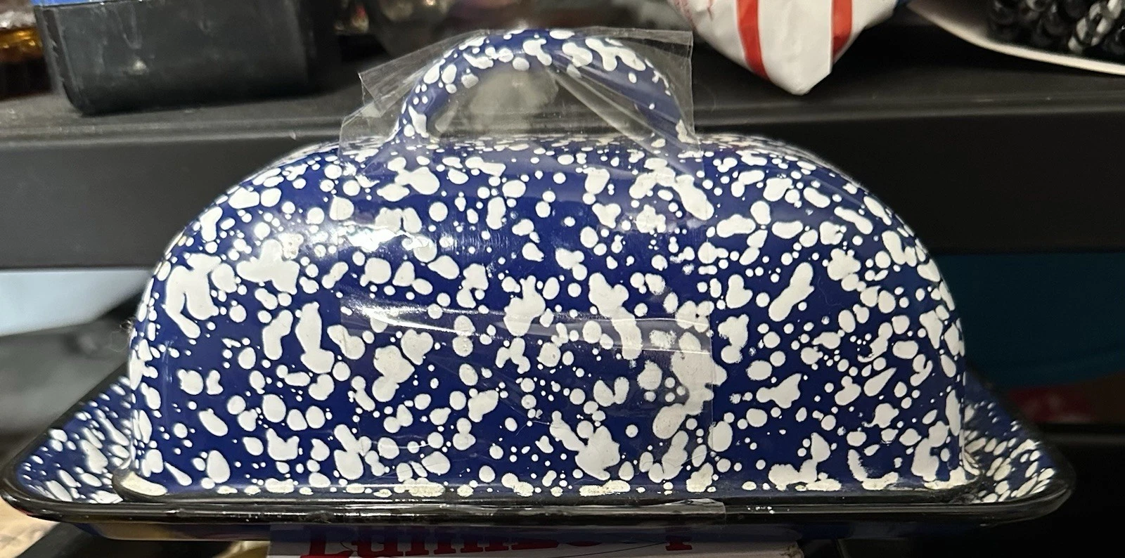 VTG Blue & White Splatter Enamelware Lidded Butter Dish w/ Lid Farmhouse Large