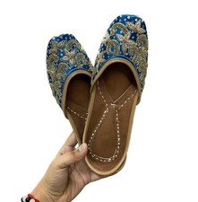 Women Punjabi jutti wedding Mojari flat ballet blue design fashion US size 6-11
