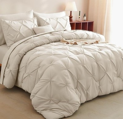 CozyLux KING SIZE 7 Pieces Pintuck Bed In A Bag Comforter Set IVORY/BEIGE NEW