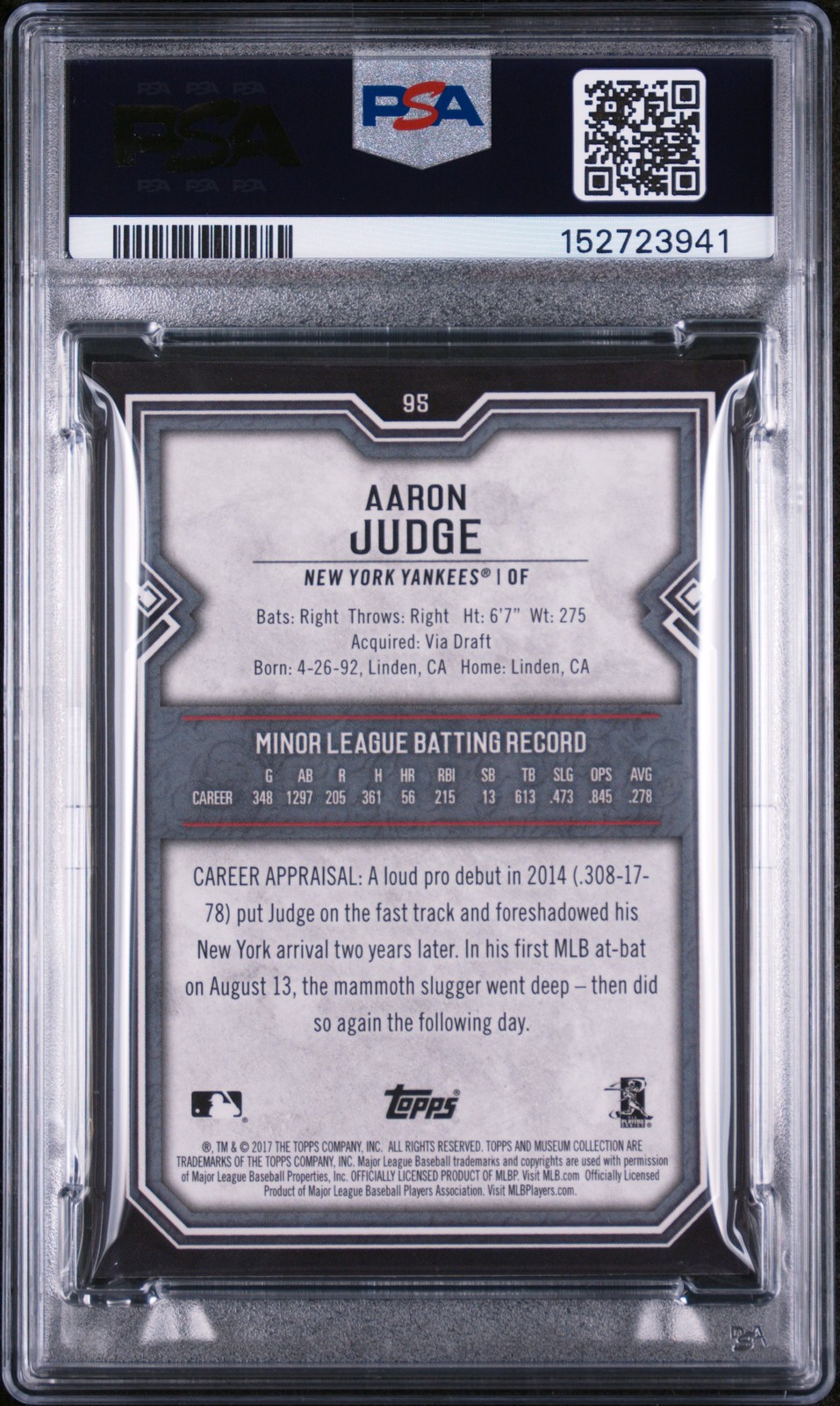 2017 TOPPS MUSEUM COLLECTION #95 AARON JUDGE ROOKIE RC PSA 8 view 2