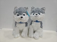 HugFun Husky Wolf Puppy Dog Blue Eyes Black Collar White Gray/Silver 15” FreeS&H