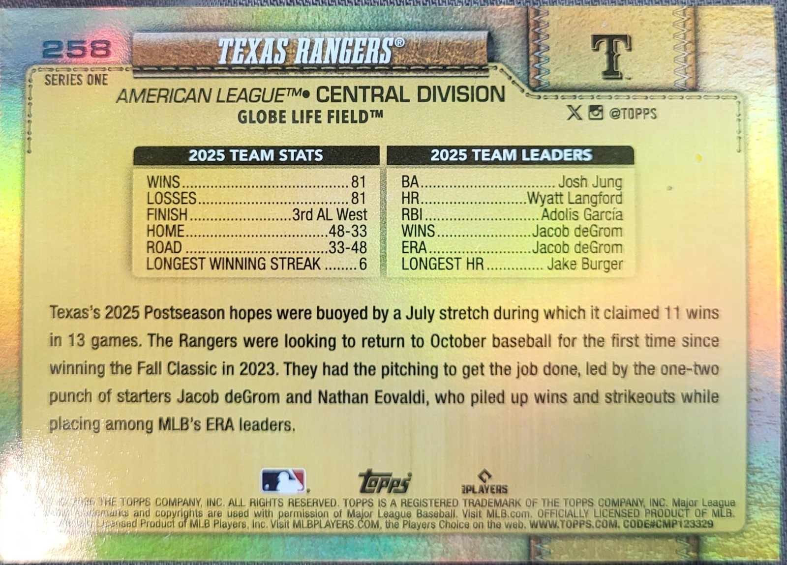🏆 2026 Topps S1 TEXAS RANGERS #258 GOLDEN MIRROR SSP Image Variation CASE HIT🏆