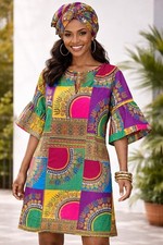 Lapogee Dashiki Dress  Matching Head Wrap Women 1X African Print Boho Festival