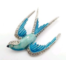Enamel Marcasite Swallow Brooch Blue Vintage C1940s 1950s Large Art Deco