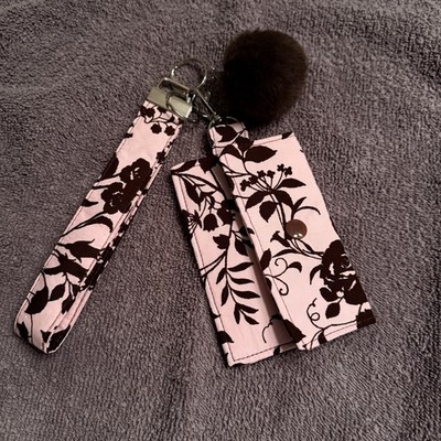 Handmade Fabric Brown / Pink Floral Wallet Card Holder Matching Key Fob Wristlet
