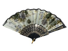Vintage Folding Hand Fan Black Gold Floral Lace Trim Decorative Fan 15.5x9