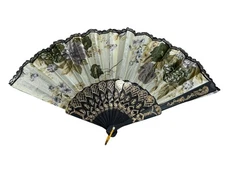 Vintage Folding Hand Fan Black Gold Floral Lace Trim Decorative Fan 15.5x9” 