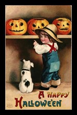 EMBOSSED POSTCARD ELLEN CLAPSADDLE HALLOWEEN CUTE KID DOG CARVED PUMPKINS